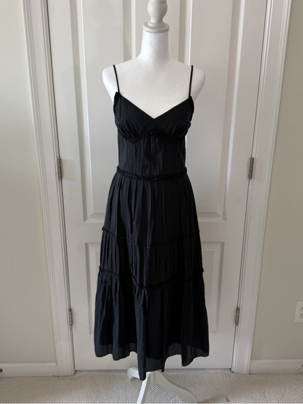 LOFT Black Spaghetti-Strap Cotton/Silk Tiered Maxi Dress